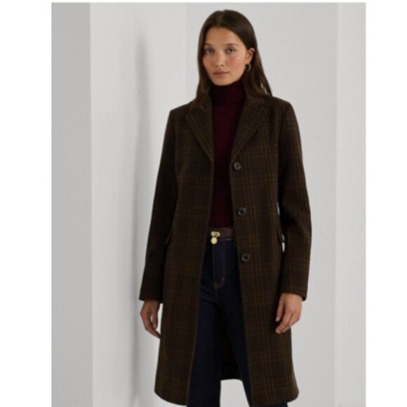 NWT Lauren Ralph Lauren Women's Wool-Blend Windowpane Brown Plaid Coat Size 12 - Picture 2 of 10